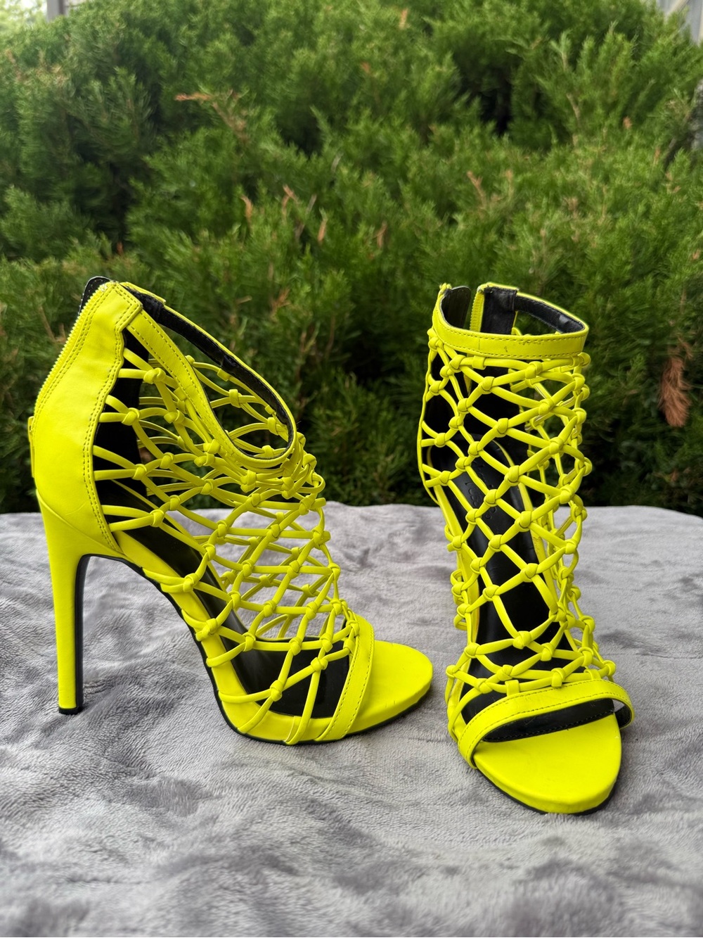 Neon Yellow Lace-Up Stiletto Sandals - Women's High Heel